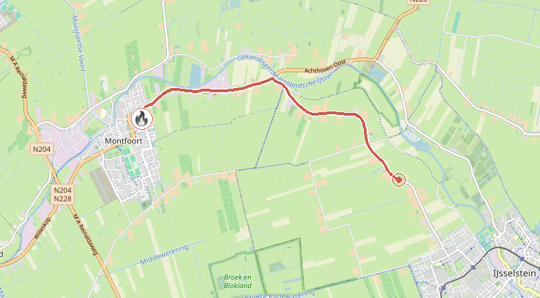 Kaart van de omgeving van de melding, met de kazerne die is gealarmeerd