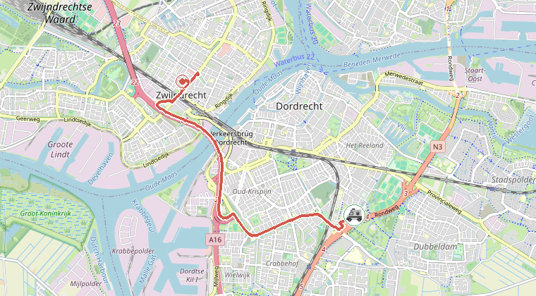 Kaart van de omgeving van de melding, met de kazerne die is gealarmeerd