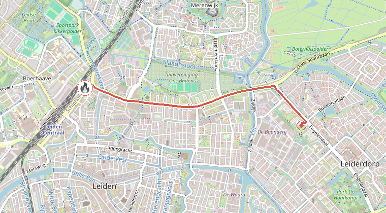 Kaart van de omgeving van de melding, met de kazerne die is gealarmeerd