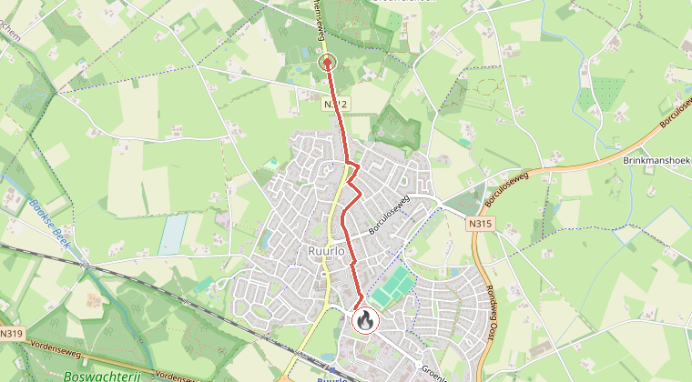 Kaart van de omgeving van de melding, met de kazerne die is gealarmeerd