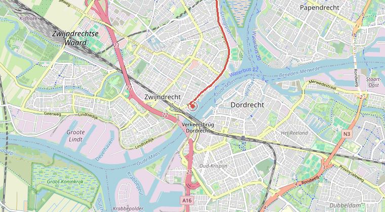 Kaart van de omgeving van de melding, met de kazerne die is gealarmeerd