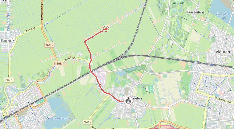 Kaart van de omgeving van de melding, met de kazerne die is gealarmeerd