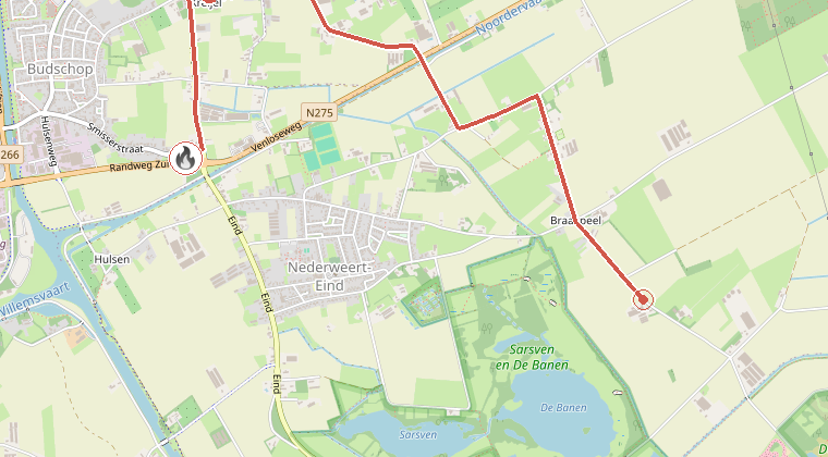 Kaart van de omgeving van de melding, met de kazerne die is gealarmeerd