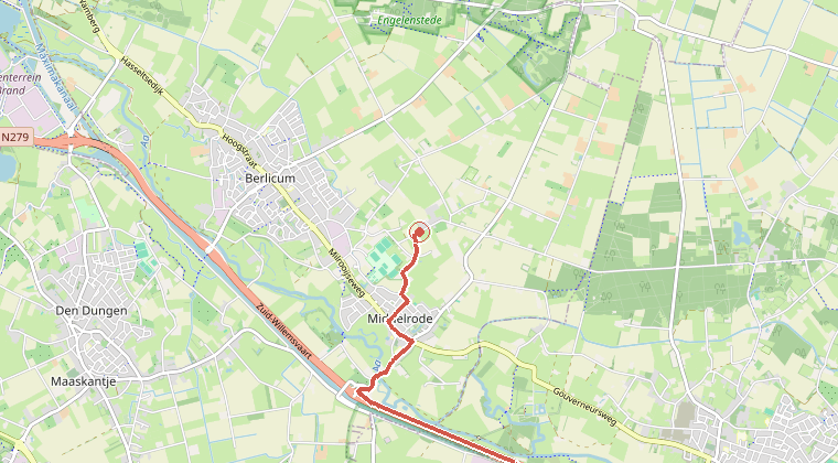 Kaart van de omgeving van de melding, met de kazerne die is gealarmeerd
