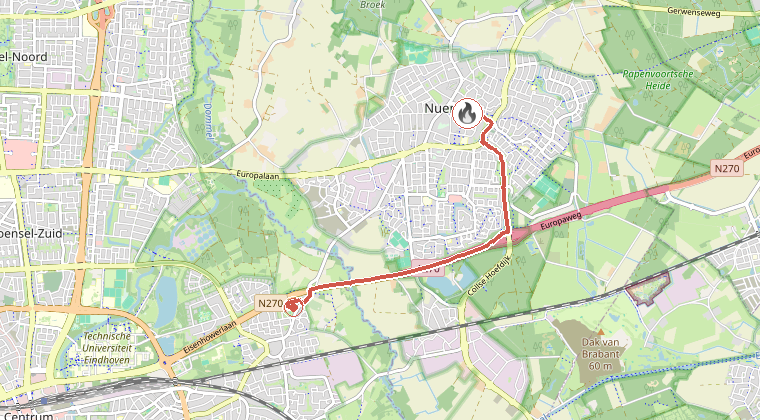 Kaart van de omgeving van de melding, met de kazerne die is gealarmeerd