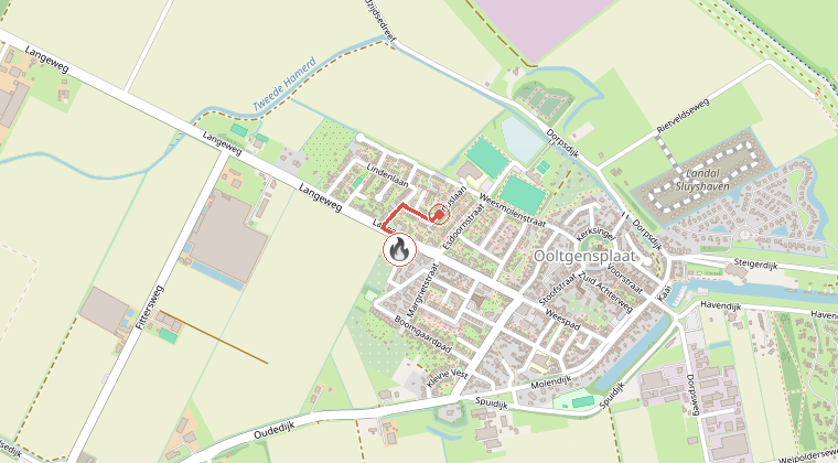 Kaart van de omgeving van de melding, met de kazerne die is gealarmeerd