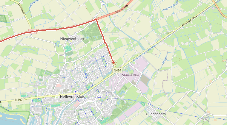 Kaart van de omgeving van de melding, met de kazerne die is gealarmeerd