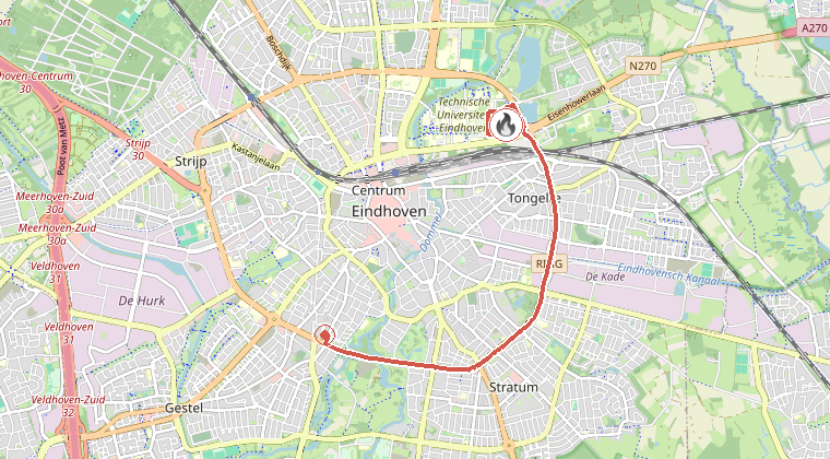 Kaart van de omgeving van de melding, met de kazerne die is gealarmeerd