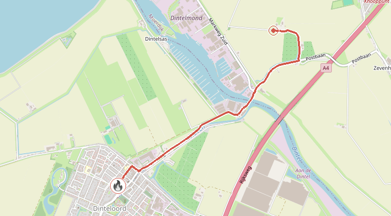 Kaart van de omgeving van de melding, met de kazerne die is gealarmeerd