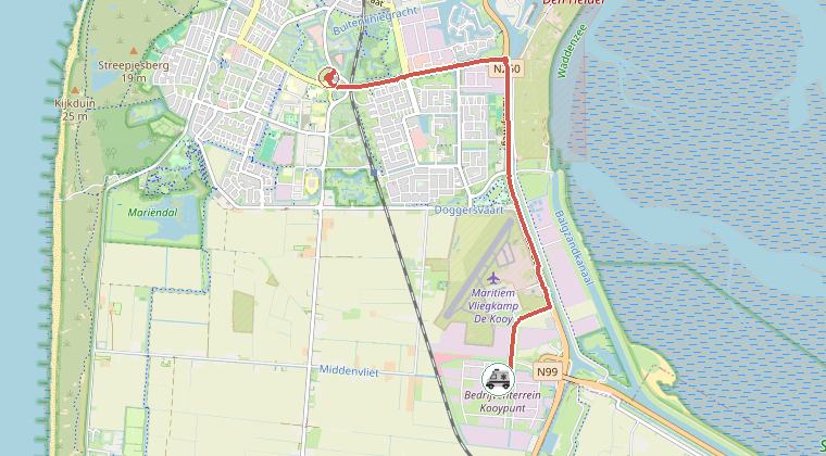 Kaart van de omgeving van de melding, met de kazerne die is gealarmeerd
