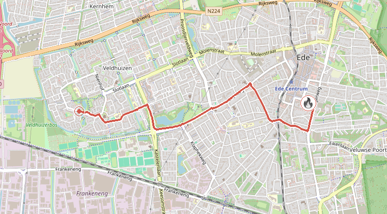 Kaart van de omgeving van de melding, met de kazerne die is gealarmeerd