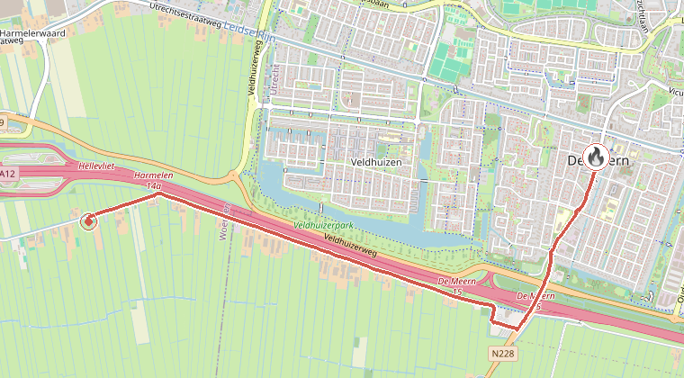 Kaart van de omgeving van de melding, met de kazerne die is gealarmeerd