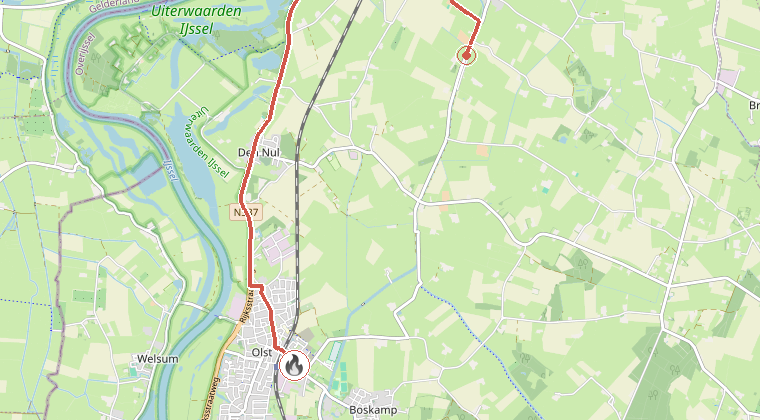 Kaart van de omgeving van de melding, met de kazerne die is gealarmeerd