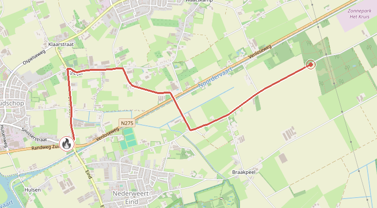 Kaart van de omgeving van de melding, met de kazerne die is gealarmeerd