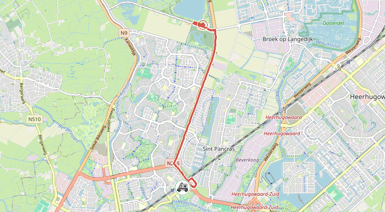 Kaart van de omgeving van de melding, met de kazerne die is gealarmeerd
