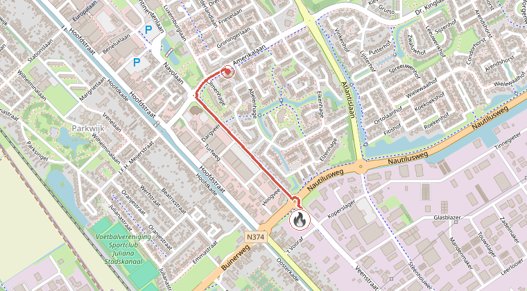 Kaart van de omgeving van de melding, met de kazerne die is gealarmeerd