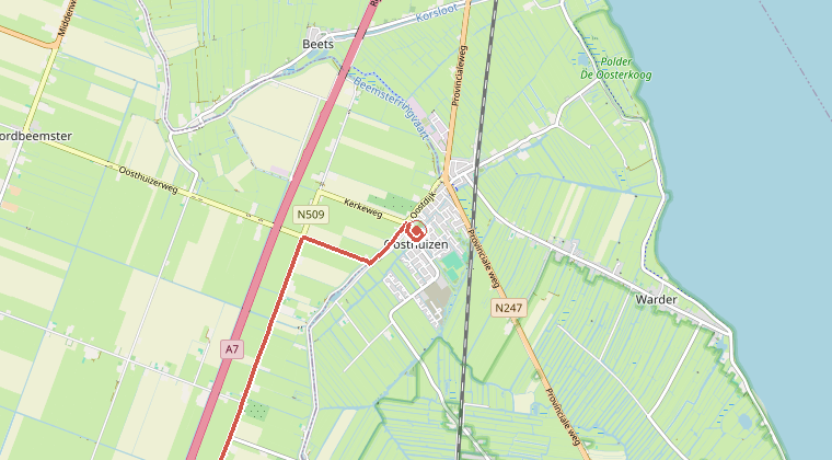 Kaart van de omgeving van de melding, met de kazerne die is gealarmeerd