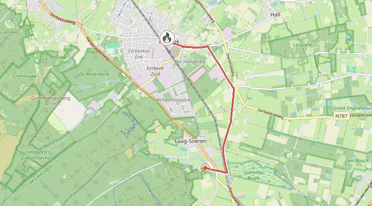 Kaart van de omgeving van de melding, met de kazerne die is gealarmeerd