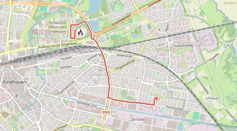 Kaart van de omgeving van de melding, met de kazerne die is gealarmeerd