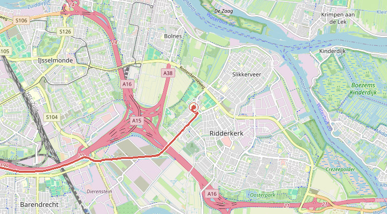 Kaart van de omgeving van de melding, met de kazerne die is gealarmeerd