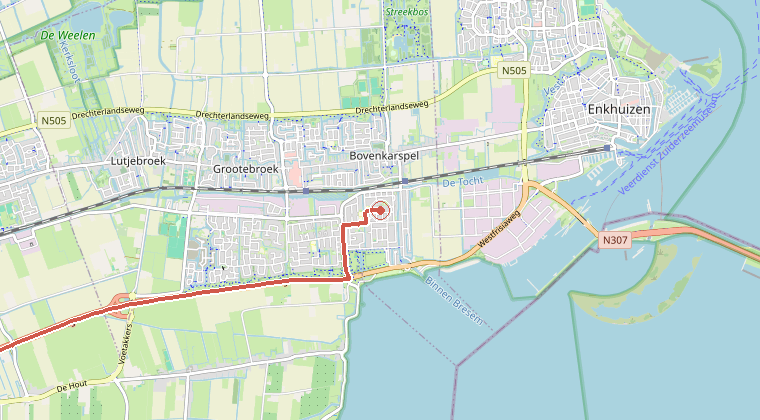 Kaart van de omgeving van de melding, met de kazerne die is gealarmeerd