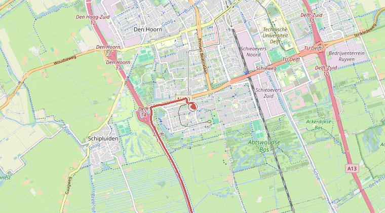Kaart van de omgeving van de melding, met de kazerne die is gealarmeerd