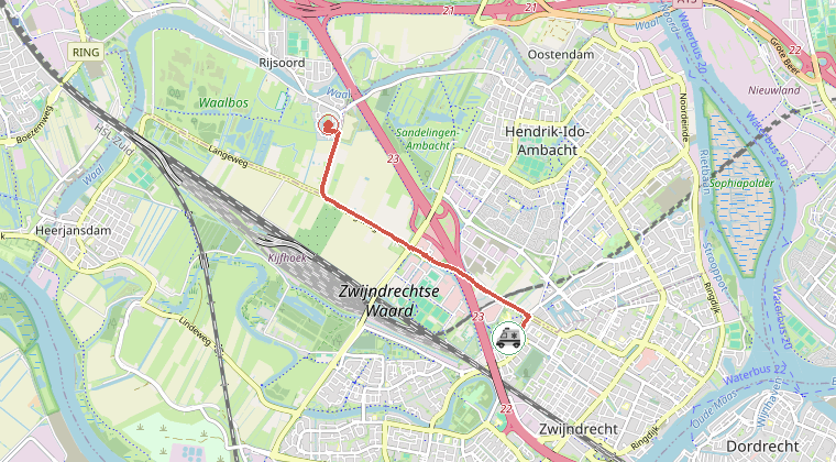 Kaart van de omgeving van de melding, met de kazerne die is gealarmeerd