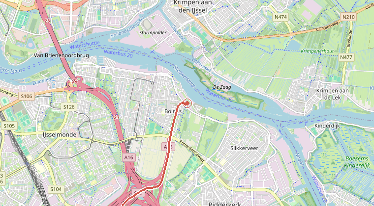 Kaart van de omgeving van de melding, met de kazerne die is gealarmeerd