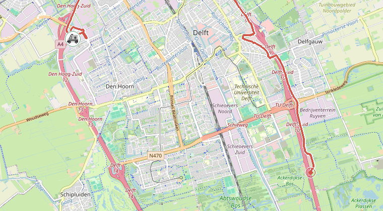 Kaart van de omgeving van de melding, met de kazerne die is gealarmeerd