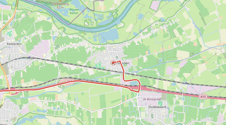 Kaart van de omgeving van de melding, met de kazerne die is gealarmeerd