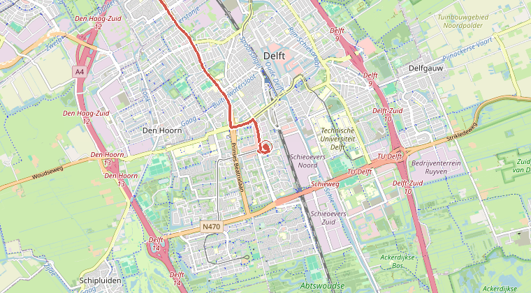 Kaart van de omgeving van de melding, met de kazerne die is gealarmeerd