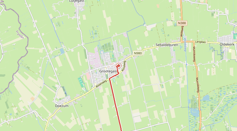 Kaart van de omgeving van de melding, met de kazerne die is gealarmeerd