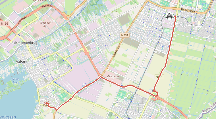 Kaart van de omgeving van de melding, met de kazerne die is gealarmeerd