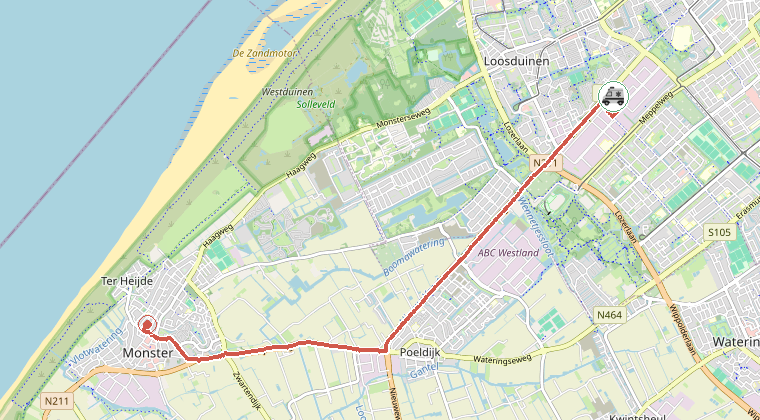 Kaart van de omgeving van de melding, met de kazerne die is gealarmeerd
