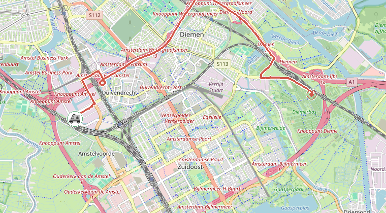 Kaart van de omgeving van de melding, met de kazerne die is gealarmeerd