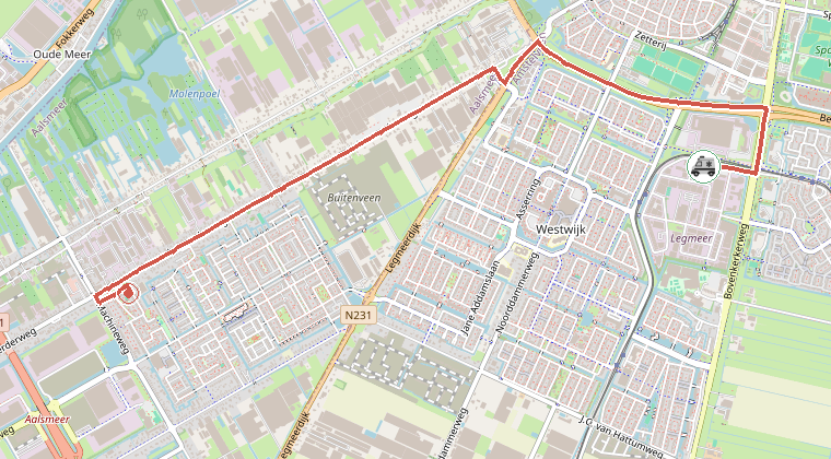 Kaart van de omgeving van de melding, met de kazerne die is gealarmeerd