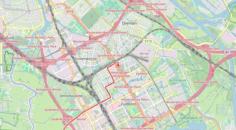 Kaart van de omgeving van de melding, met de kazerne die is gealarmeerd
