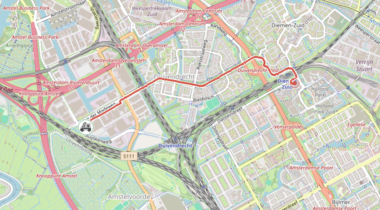 Kaart van de omgeving van de melding, met de kazerne die is gealarmeerd