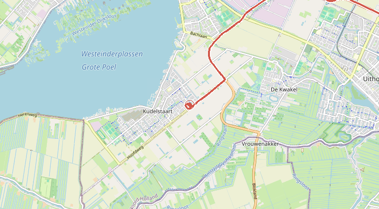 Kaart van de omgeving van de melding, met de kazerne die is gealarmeerd