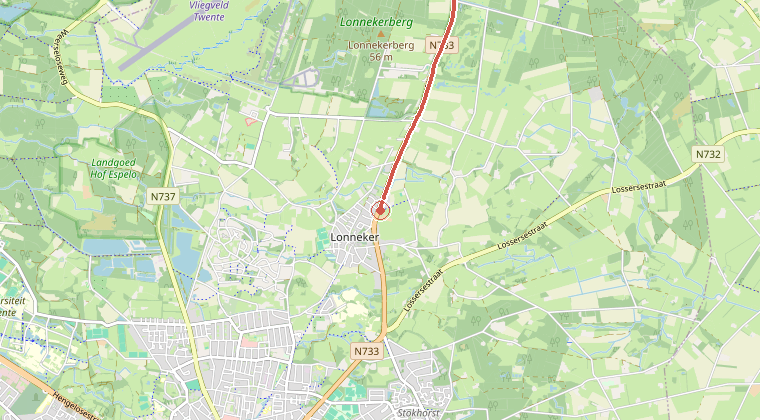 Kaart van de omgeving van de melding, met de kazerne die is gealarmeerd