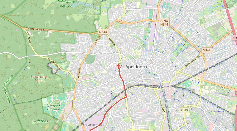 Kaart van de omgeving van de melding, met de kazerne die is gealarmeerd