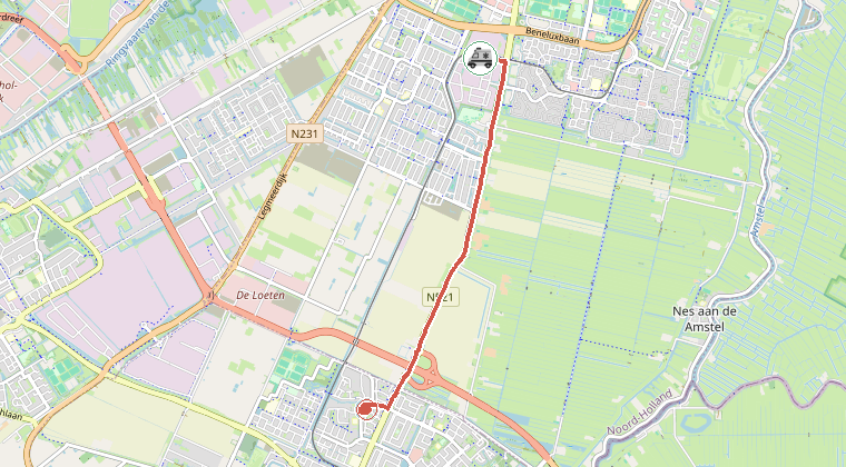 Kaart van de omgeving van de melding, met de kazerne die is gealarmeerd
