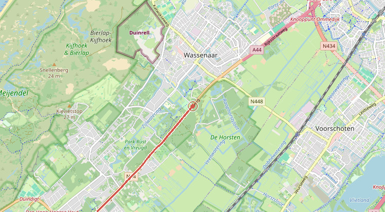 Kaart van de omgeving van de melding, met de kazerne die is gealarmeerd