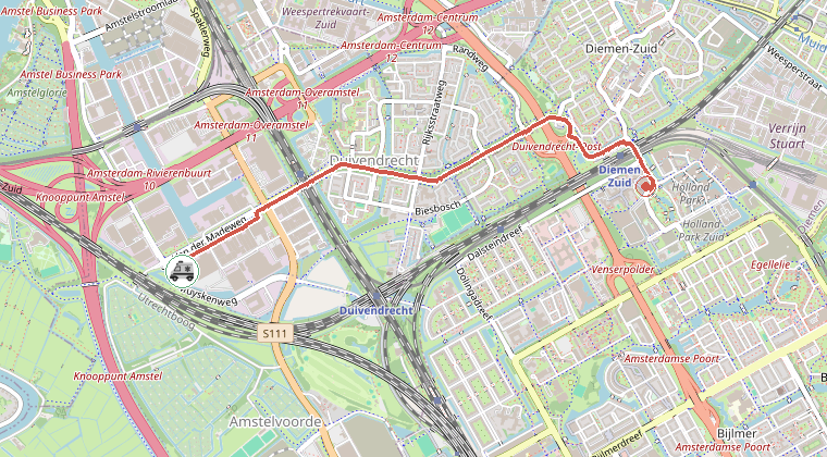 Kaart van de omgeving van de melding, met de kazerne die is gealarmeerd