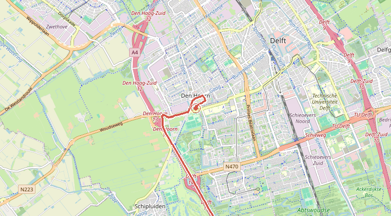 Kaart van de omgeving van de melding, met de kazerne die is gealarmeerd