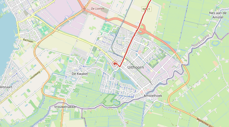 Kaart van de omgeving van de melding, met de kazerne die is gealarmeerd