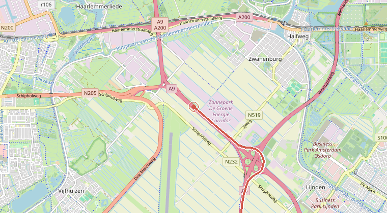 Kaart van de omgeving van de melding, met de kazerne die is gealarmeerd