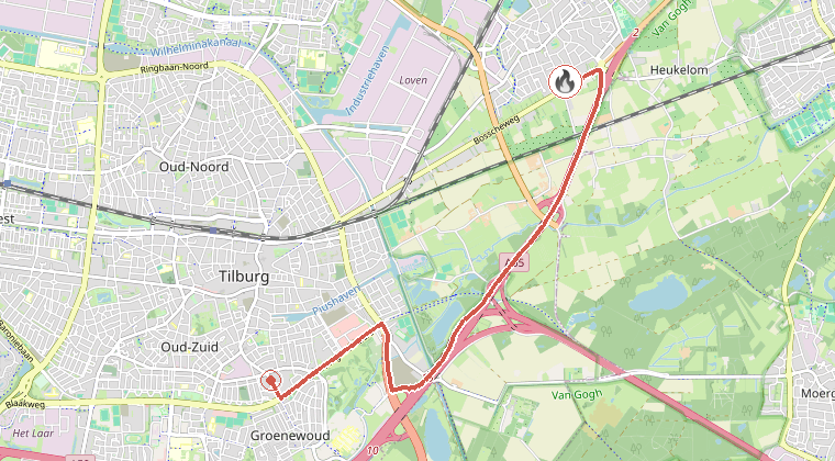 Kaart van de omgeving van de melding, met de kazerne die is gealarmeerd