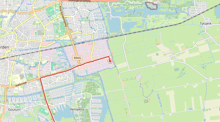 Kaart van de omgeving van de melding, met de kazerne die is gealarmeerd