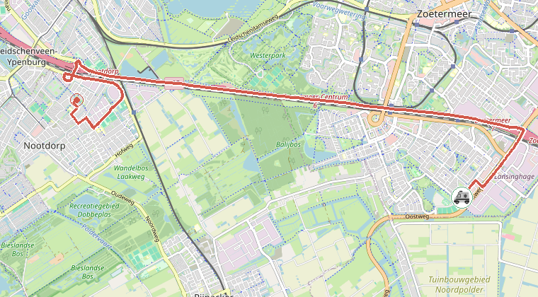 Kaart van de omgeving van de melding, met de kazerne die is gealarmeerd